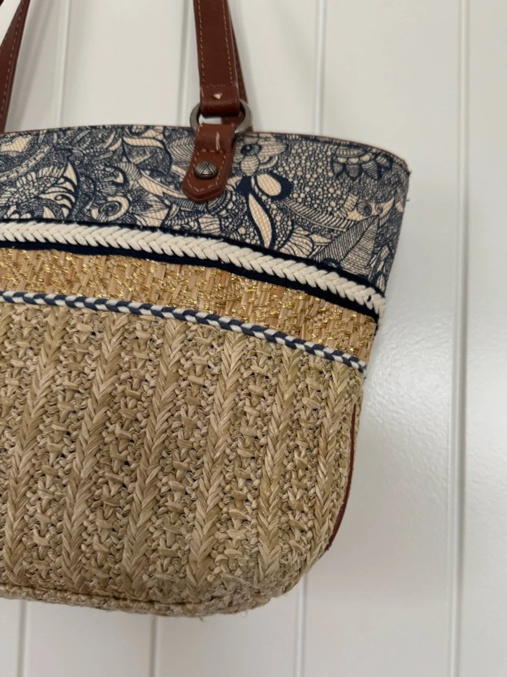 Sakroots Straw Tote Bag Navy Floral Trim Woven Beach Bag Boho - Picture 4 of 8